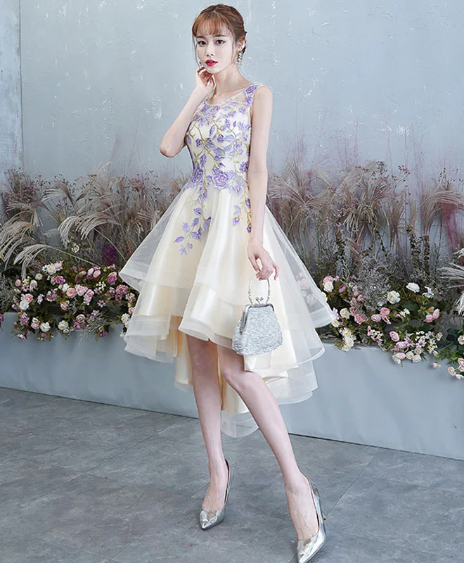 Light Champagne Tulle Lace Short Prom Dress, Lace Homecoming Dress - Deanwangkt