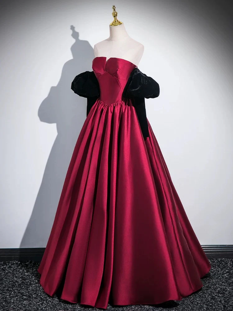 A-Line Satin Dark Red Long Prom Dress, Dark Red Evening Dress - Deanwangkt
