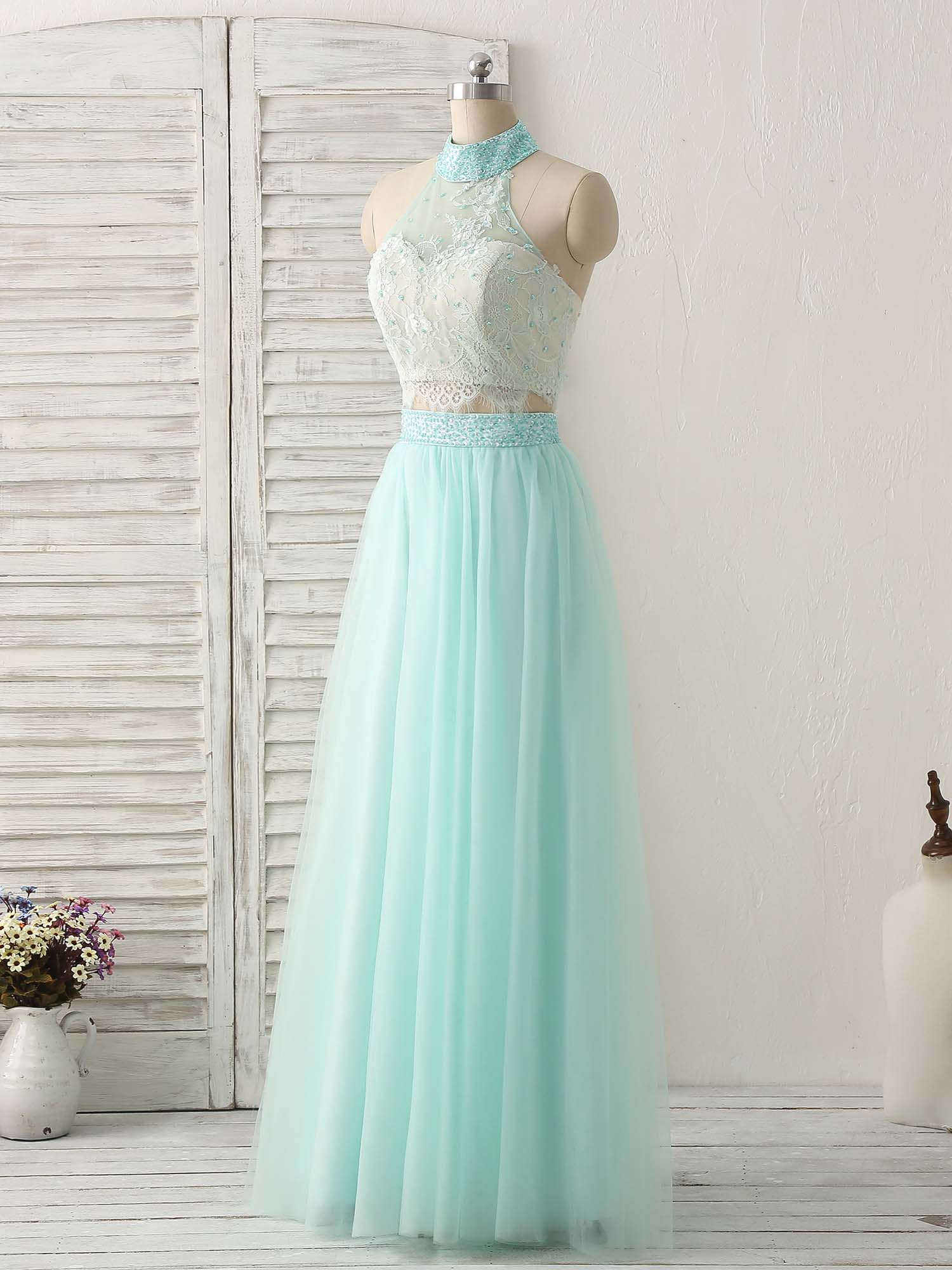 Green Tulle Two Pieces Long Prom Dress Lace Beads Formal Dress - Deanwangkt