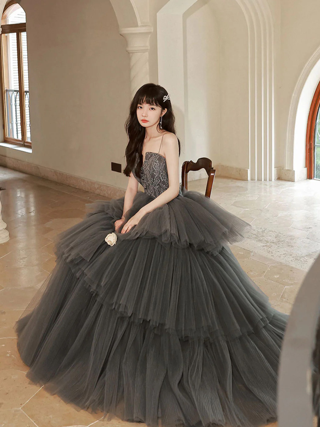 Gray Lace Long Prom Dresses, Lace Formal Gray Graduation Dresses - Deanwangkt