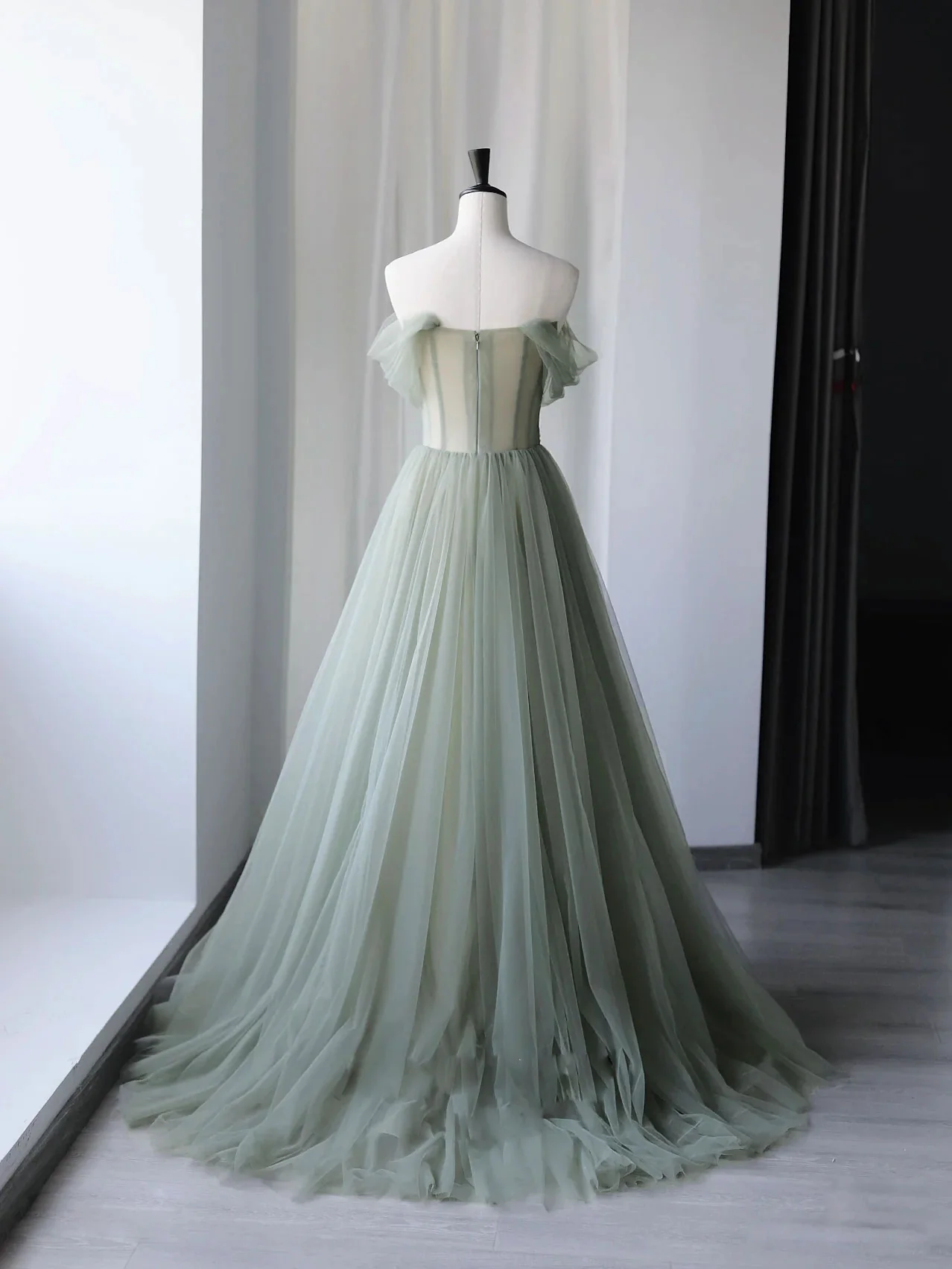 Gray Green Tulle Off Shoulder Long Prom Dress, Gray Green Formal Graduation Dresses - Deanwangkt