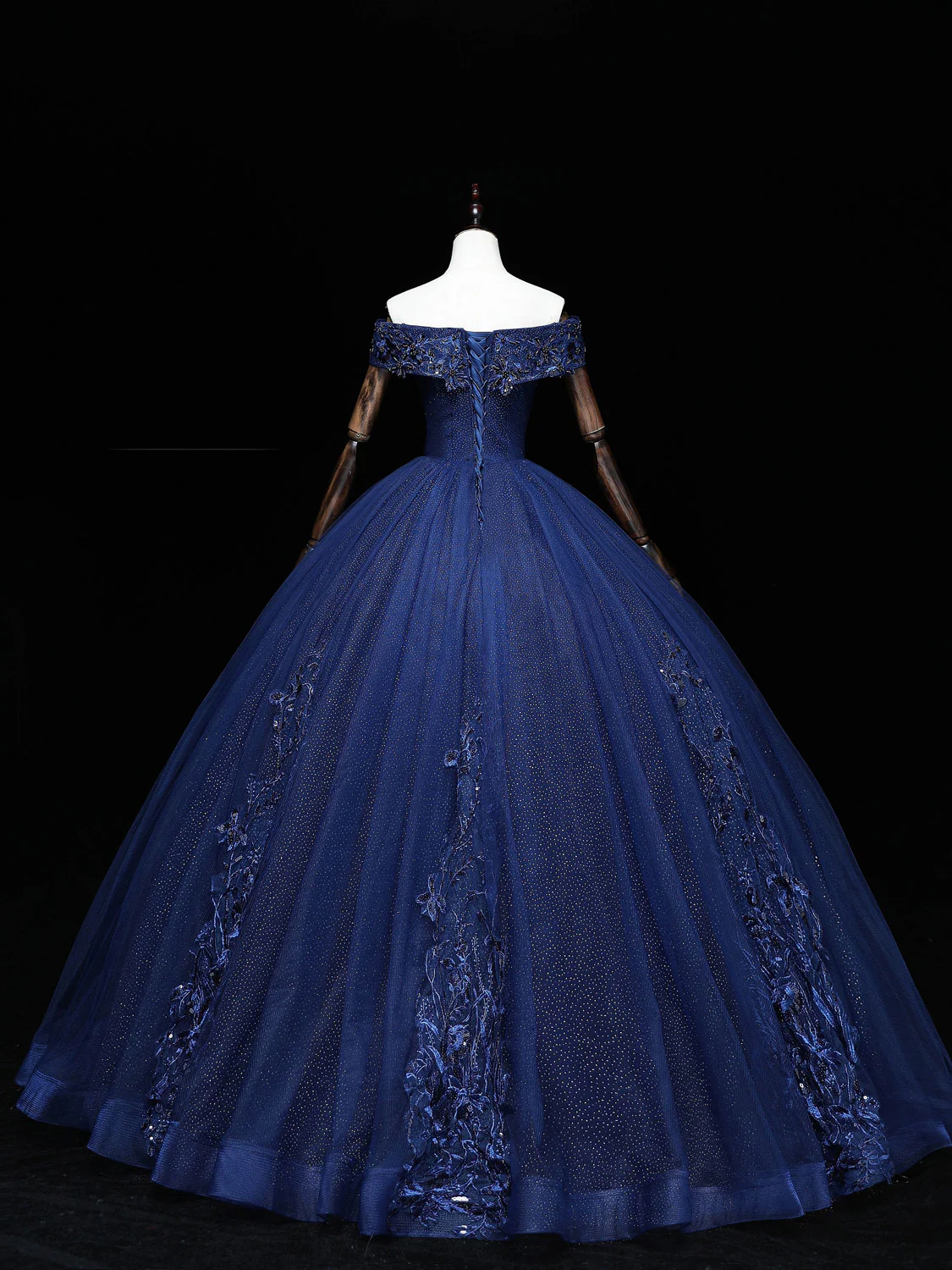 Dark Blue Off Shoulder Tulle Lace Long Prom Gown, Blue Sweet 16 Dress With Beading Sequin - Deanwangkt