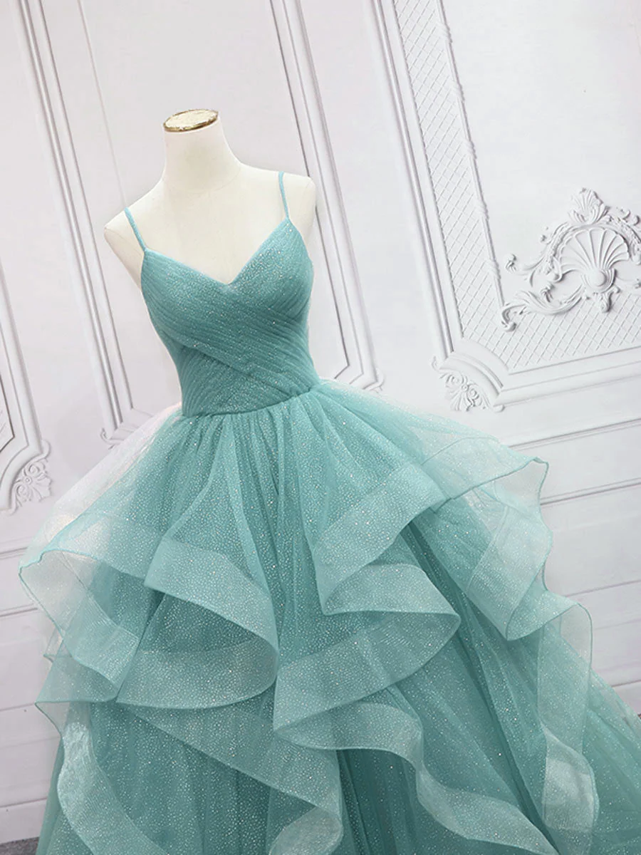 Green V Neck Tulle Long Prom Dress, Green Sweet 16 Dress - Deanwangkt