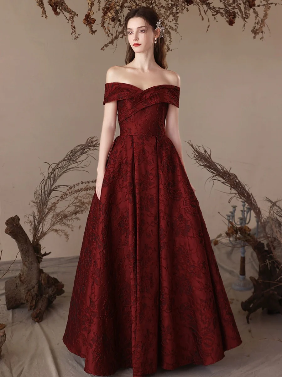 A-Line Off Shoulder Satin Burgundy Long Prom Dress, Burgundy Long Formal Dress - Deanwangkt