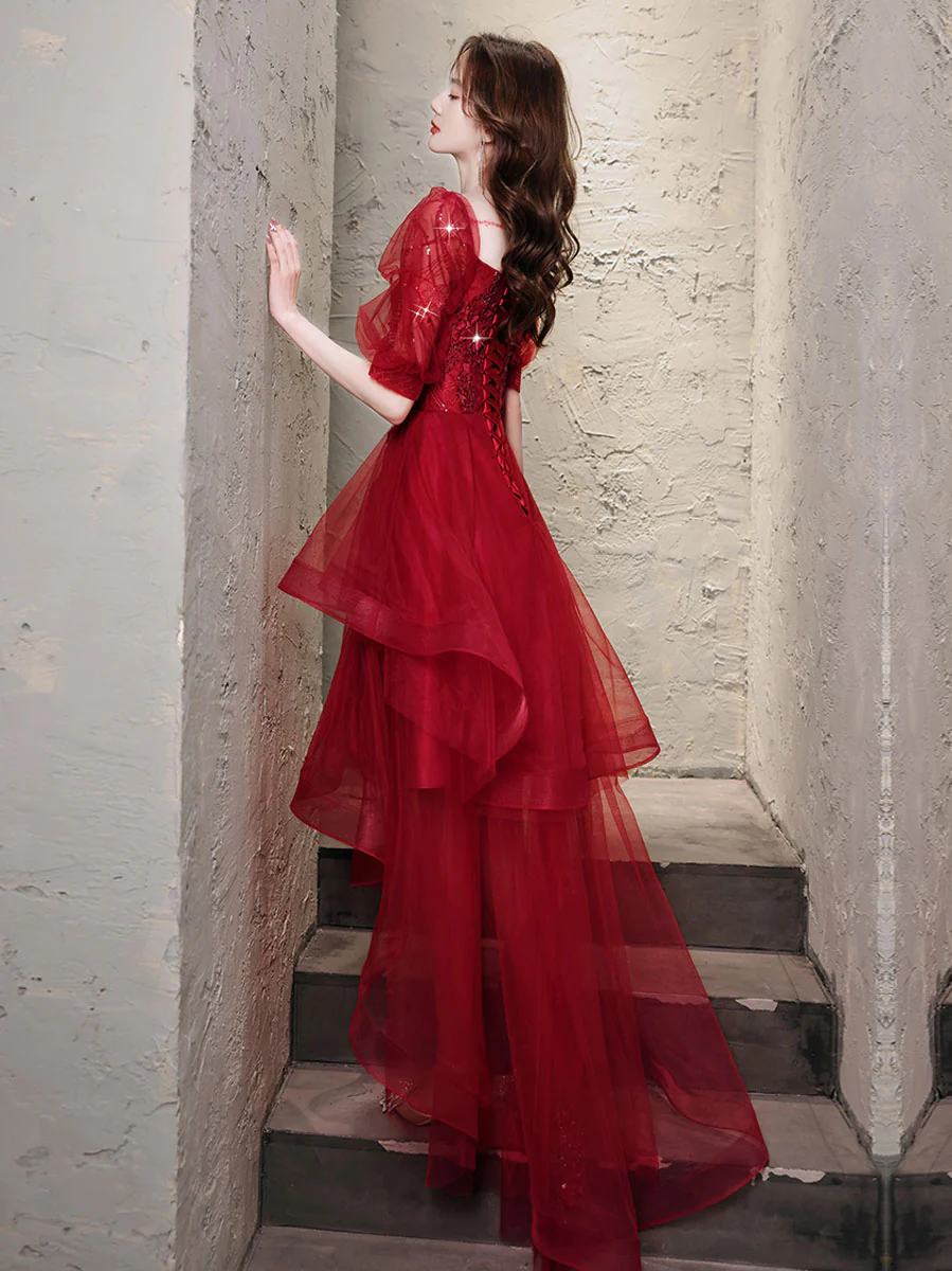 Burgundy High Low Tulle Lace Prom Dress, Burgundy Homecoming Dresses - Deanwangkt