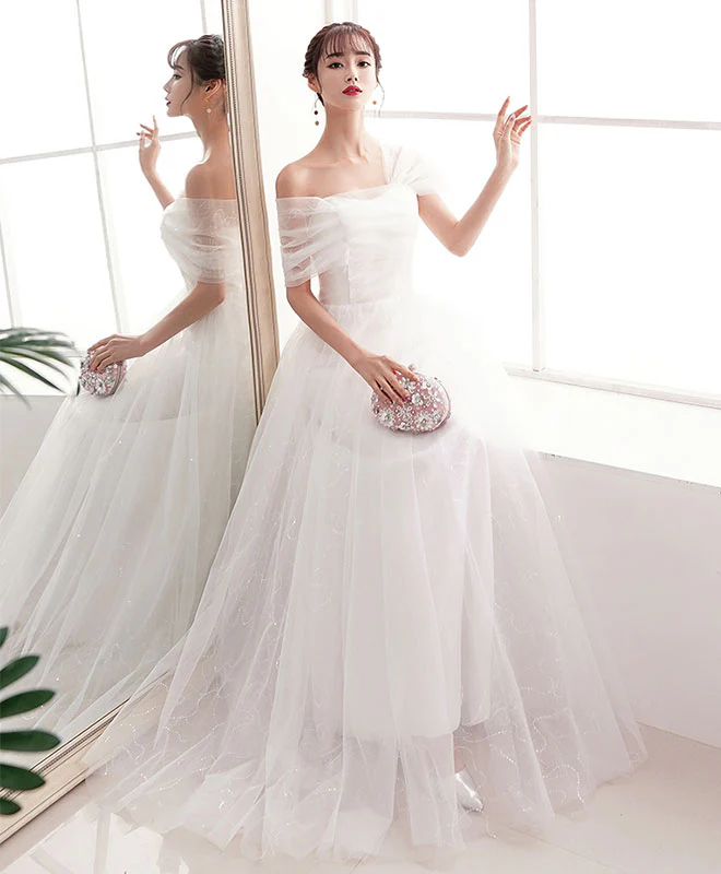 Elegant  White Tulle Long Prom Dress White Tulle Evening Dress - Deanwangkt
