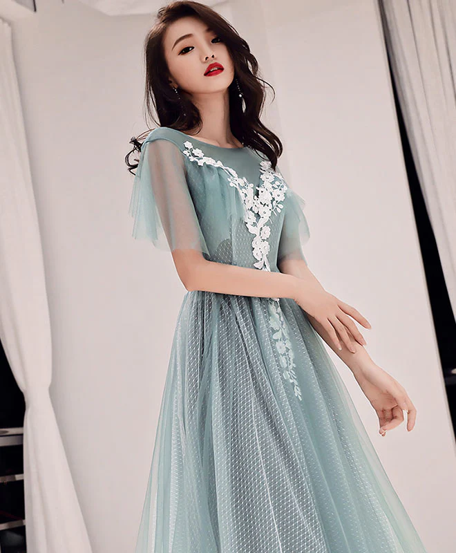 Green Round Neck Tulle Lace Long Prom Dress, Green Evening Dress - Deanwangkt