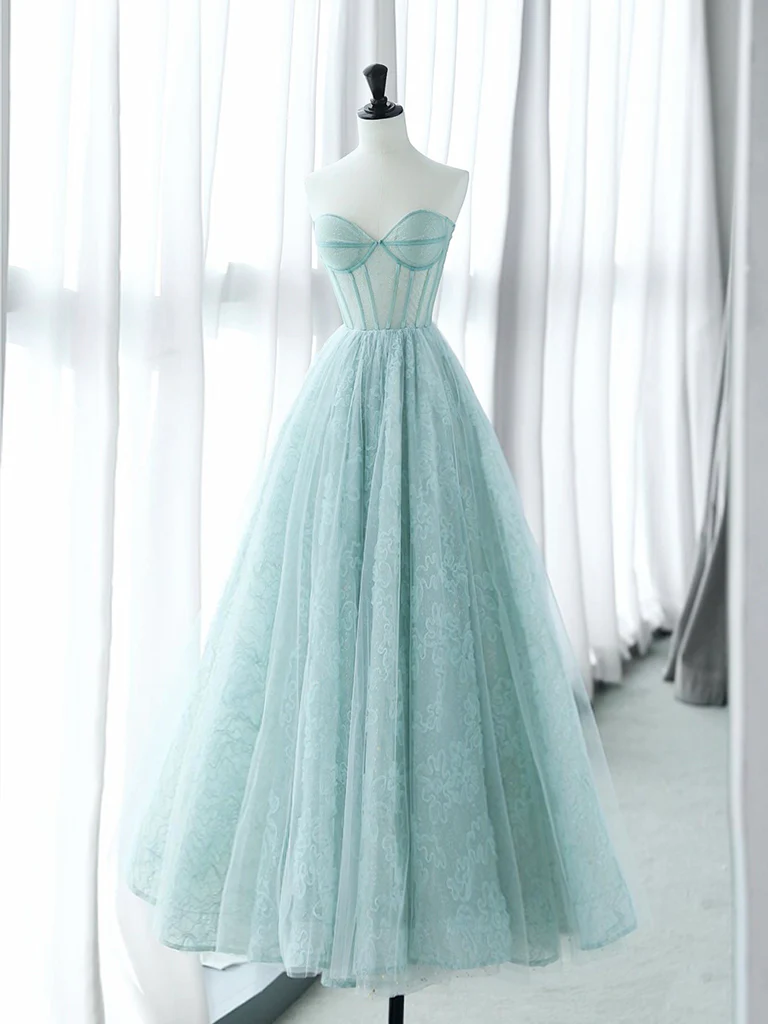 A-Line Sweetheart Neck Tulle Lace Blue Long Prom Dress, Blue Long Formal Dress - Deanwangkt
