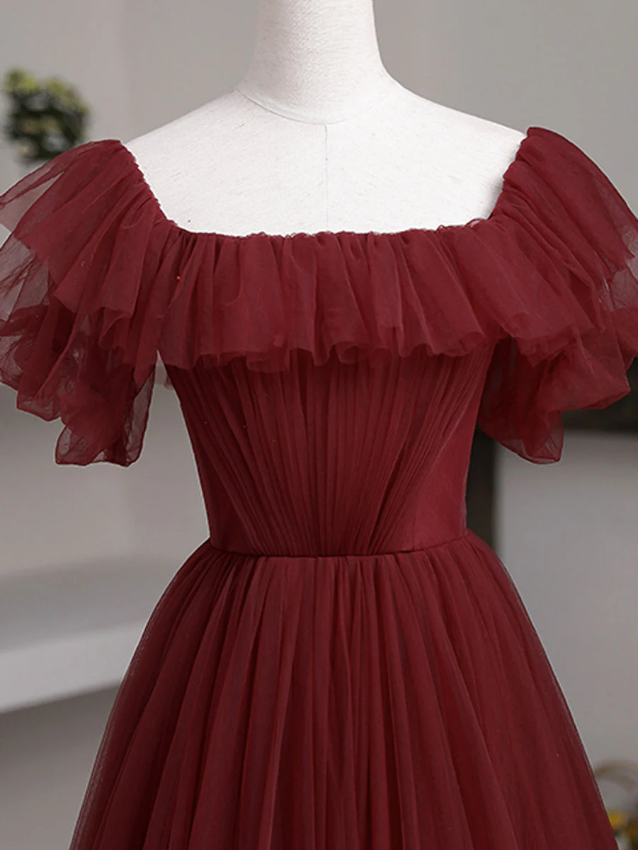 Simple Burgundy A line Long Prom Dresses, Burgundy Bridesmaid Dresses - Deanwangkt