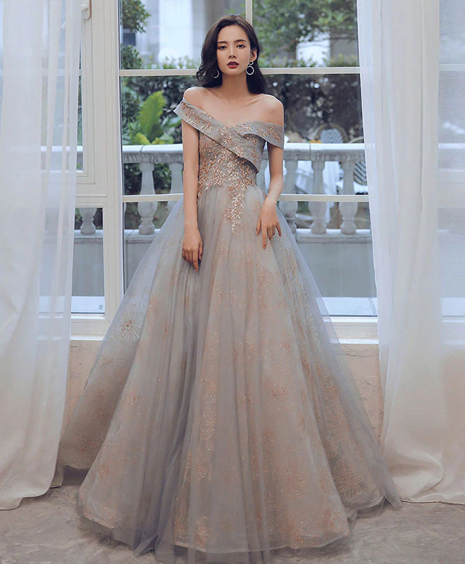 Unique Sweetheart Off Shoulder Lace Long Prom Dress Tulle Evening Dress - Deanwangkt