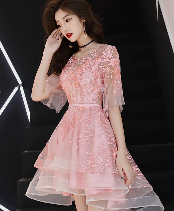 Pink Lace Tulle High Low Prom Dress, Pink Homecoming Dress - Deanwangkt
