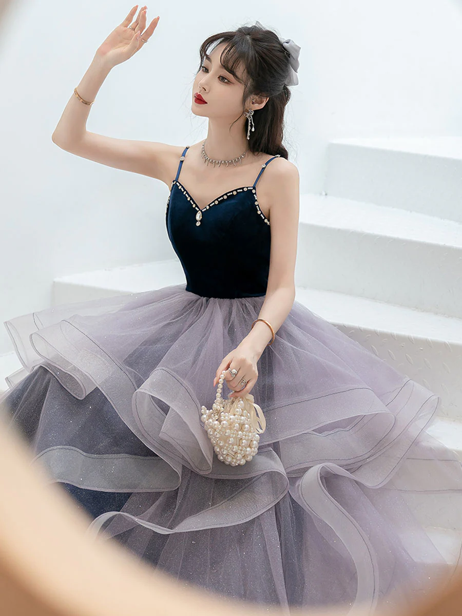 Purple Sweetheart Neck Tulle Long Prom Dress Purple Graduation Dresses - Deanwangkt