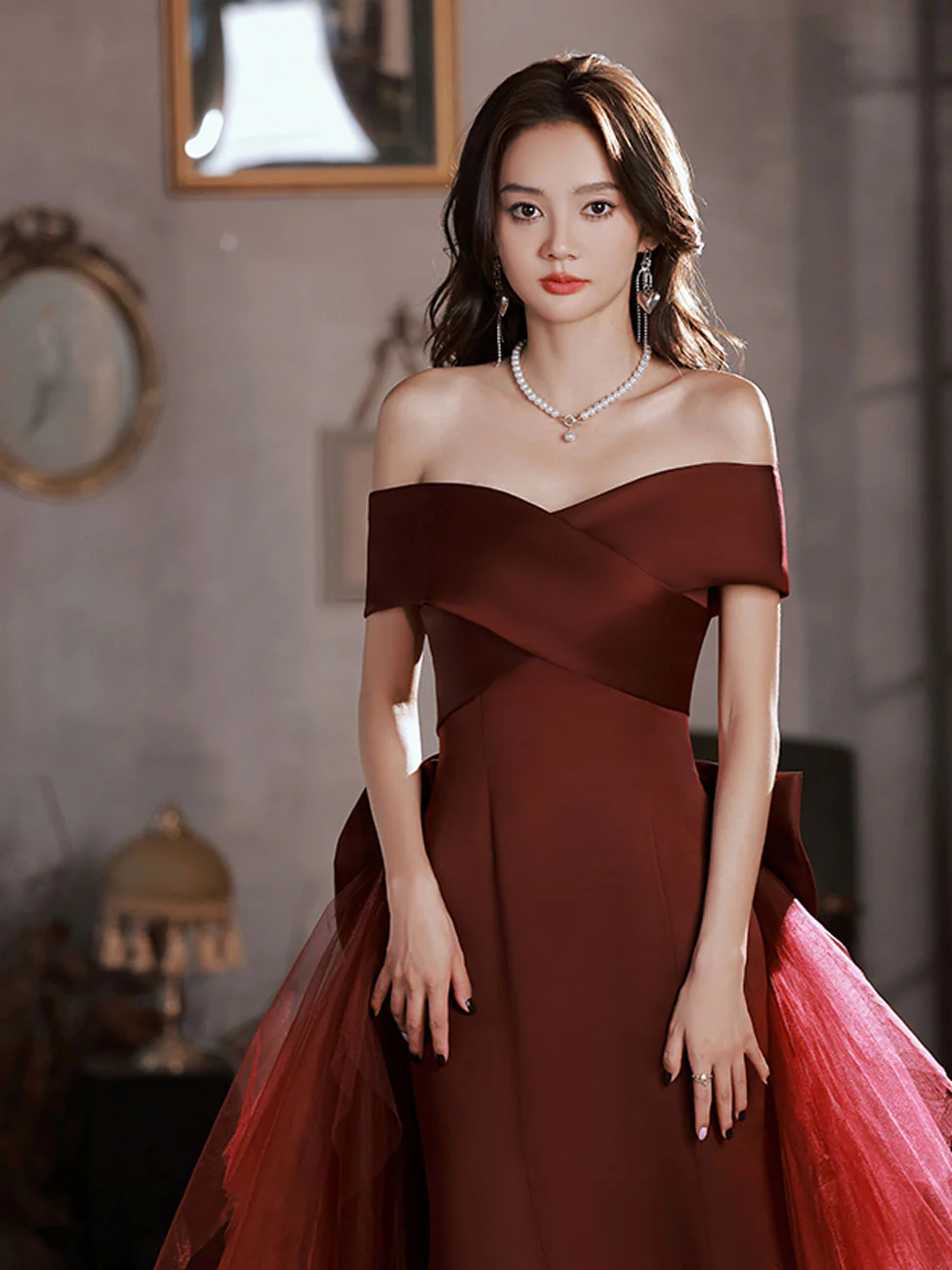 Burgundy Mermaid Sweep Train Long Prom Dress, Off Shoulder Satin Burgundy Evening Dress - Deanwangkt