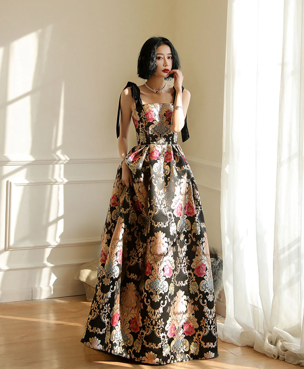 Unique Satin Long Prom Dress, Flowers Satin Long Evening Dress - Deanwangkt