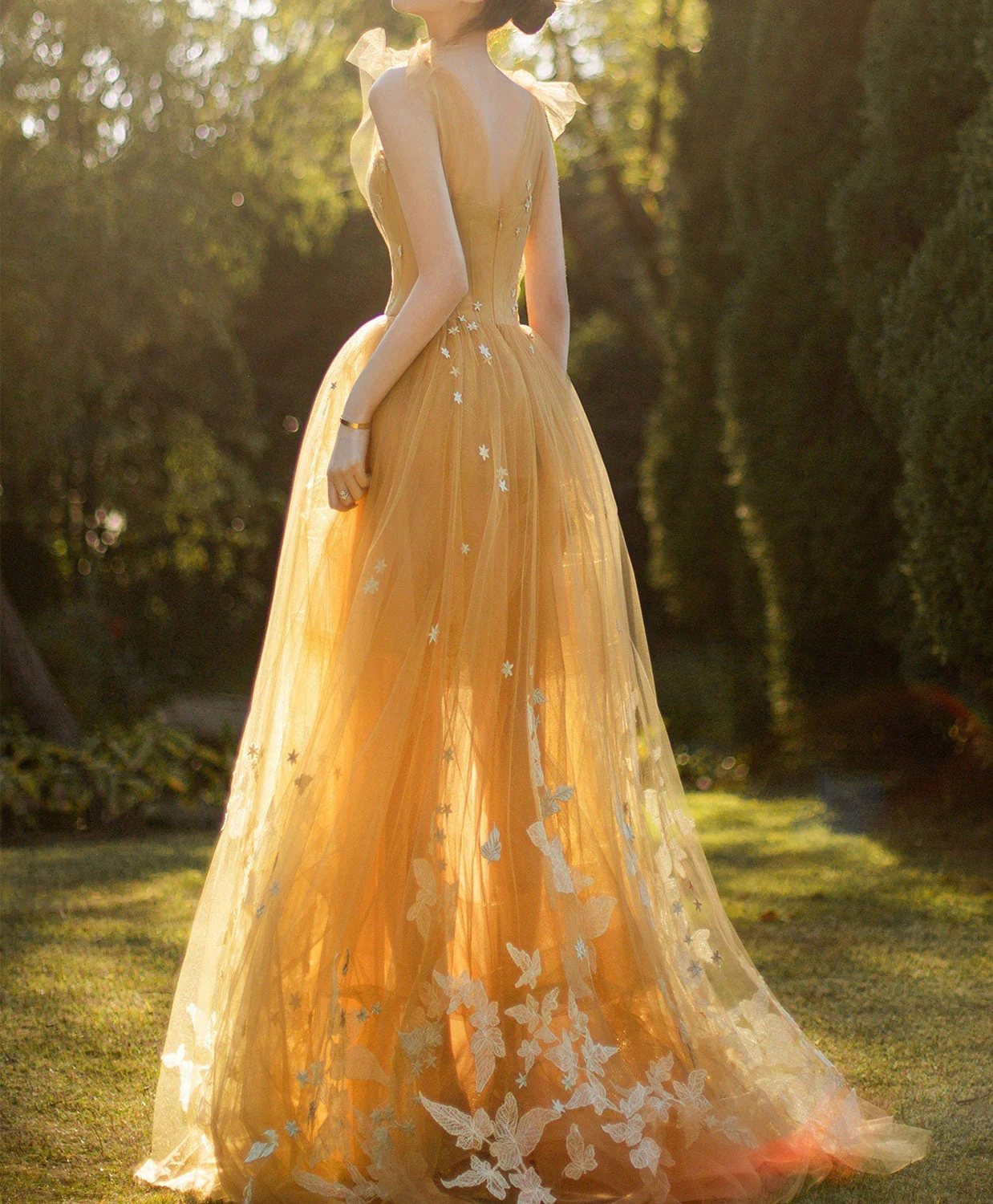 Champagne Tulle Lace Long Prom Dress, Tulle Lace Evening Dress - Deanwangkt