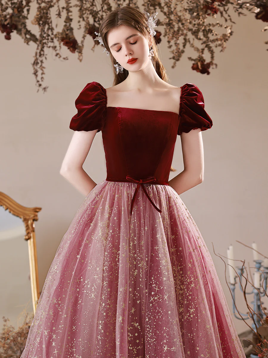 A-Line Burgundy Tulle Long Prom Dress, Burgundy Evening Dress with Velvet - Deanwangkt