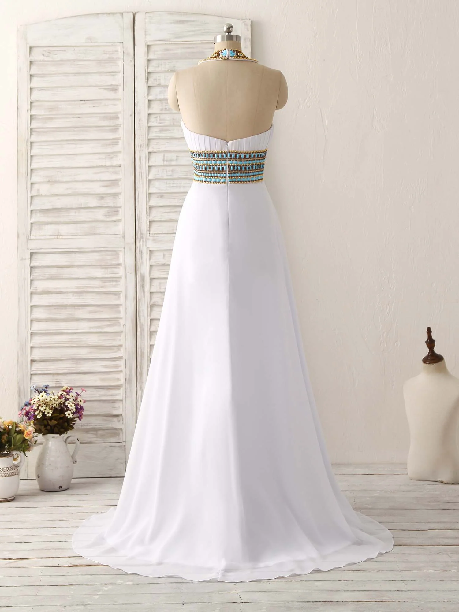 White Chiffon Beads Long Prom Dress, White Evening Dress - Deanwangkt