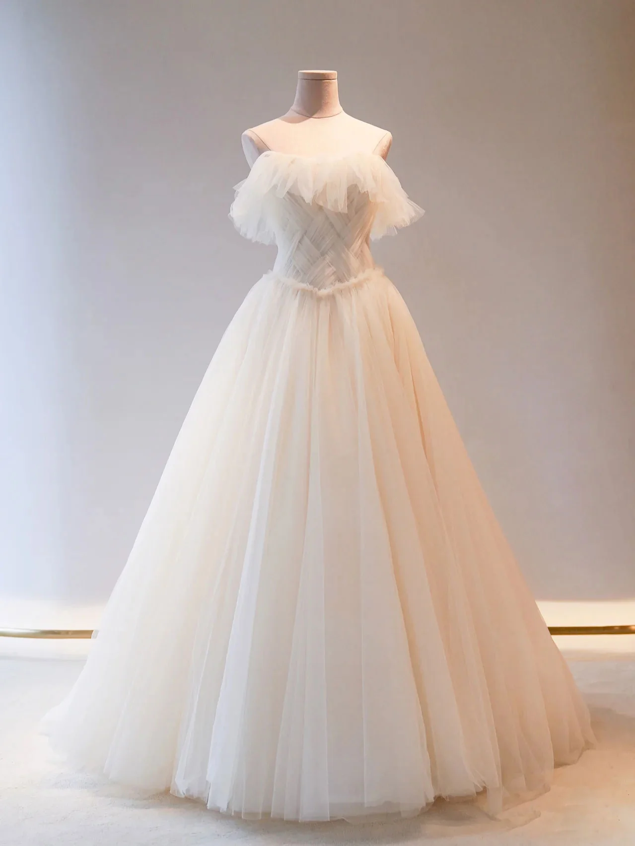 Unique Light Champagne Tulle Long Prom Dress, Tulle Formal Wedding Party Dress - Deanwangkt