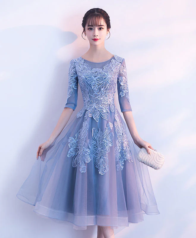 Blue Round Neck Tulle Lace Short Prom Dress, Blue Homecoming Dress - Deanwangkt