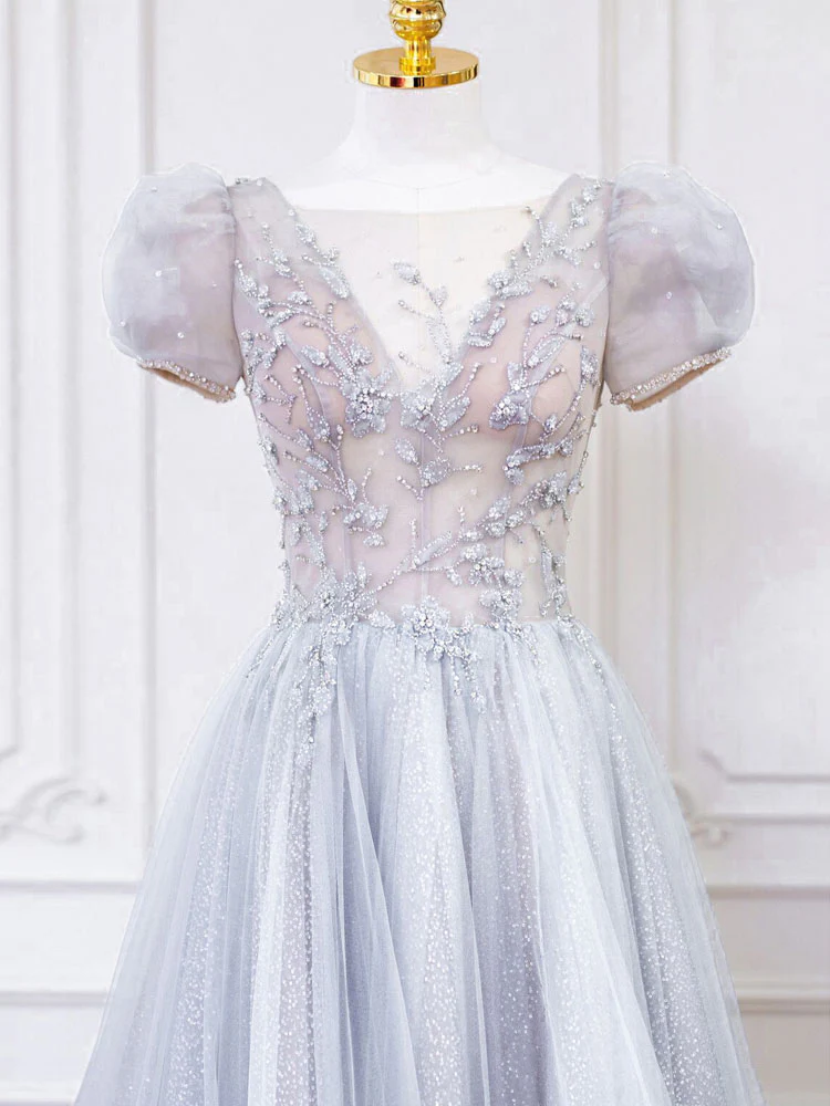 Gray Round Neck Tulle Lace Long Prom Dress, Gray Tulle Evening Dress - Deanwangkt