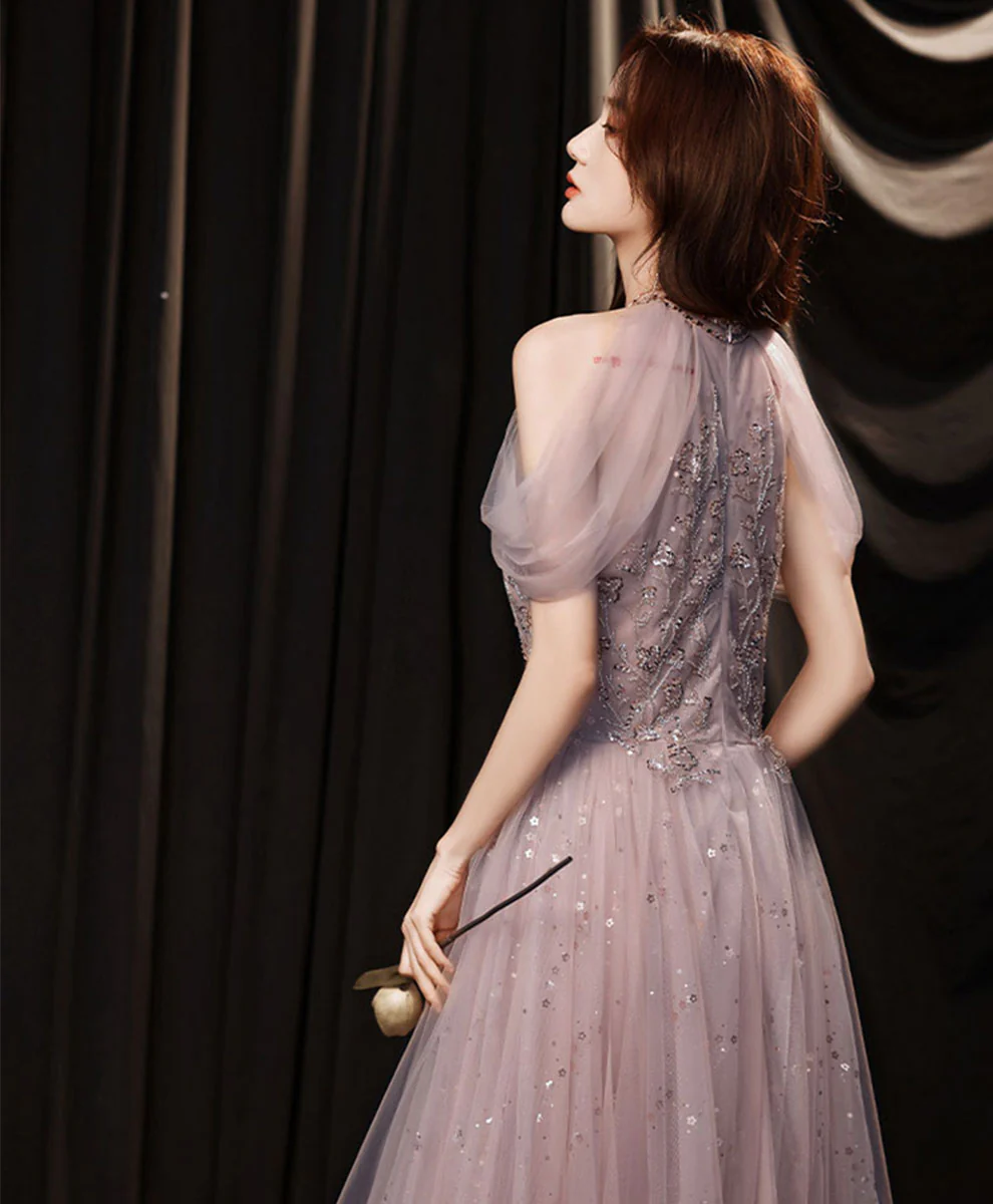 A line Pink Tulle Lace Sequin Long Prom Dress, Pink Formal Graduation Dresses - Deanwangkt