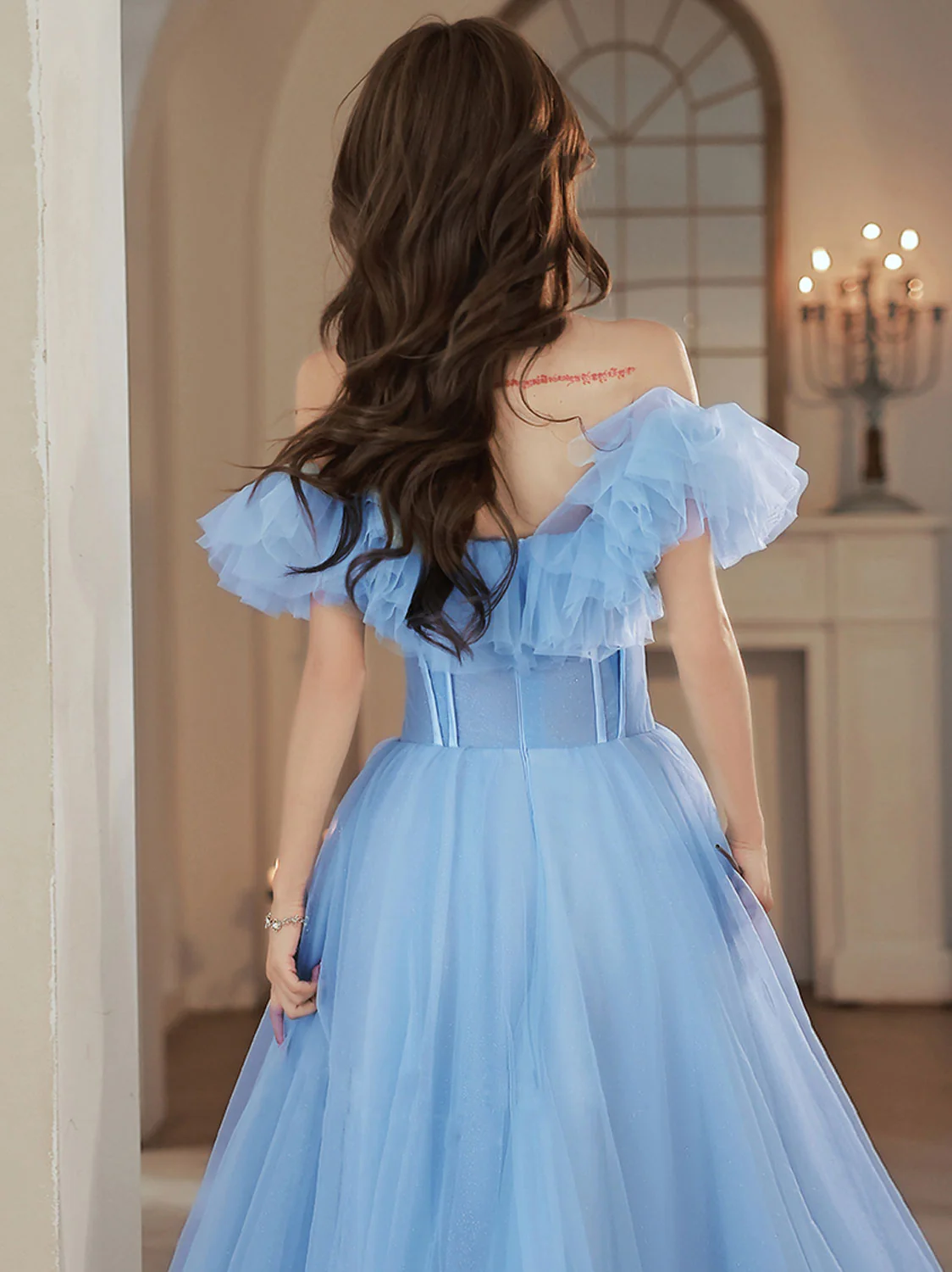 A-Line Tulle Lace Blue Long Prom Dress, Blue Formal Dresses - Deanwangkt