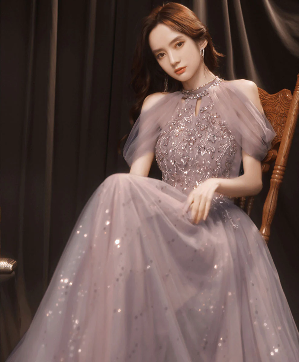 A line Pink Tulle Lace Sequin Long Prom Dress, Pink Formal Graduation Dresses - Deanwangkt