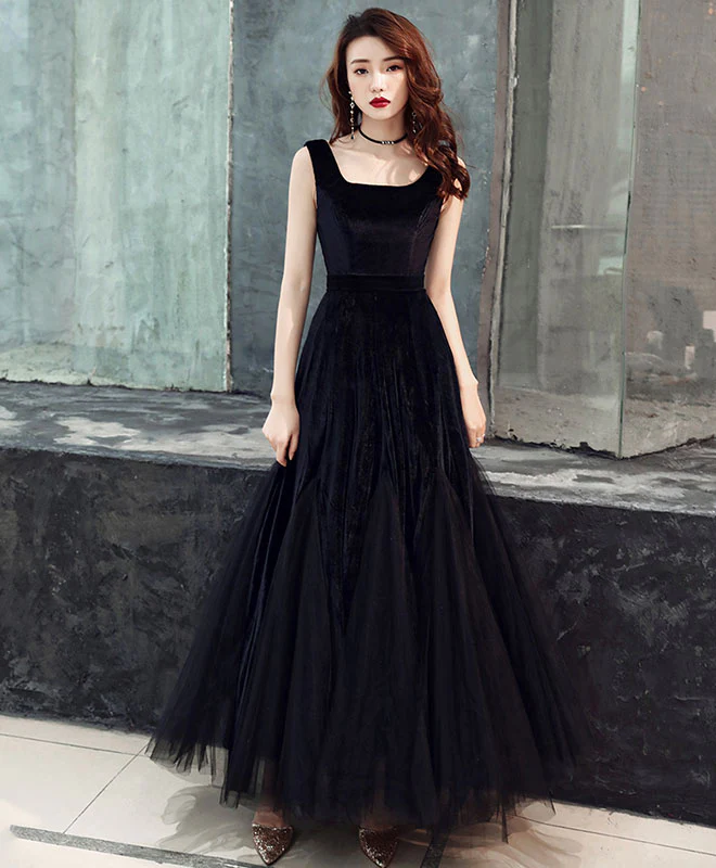 Simple Black Tulle Prom Dress, Black Velvet Tulle Formal Dress - Deanwangkt