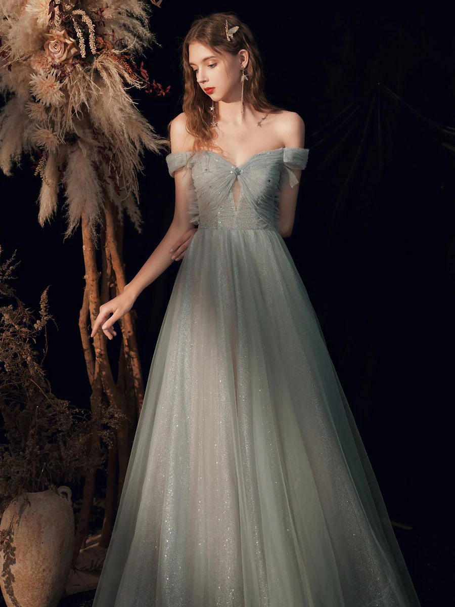 Gray Green Tulle Off Shoulder Sequin Long Prom Dress, Tulle Formal Graduation Dresses - Deanwangkt