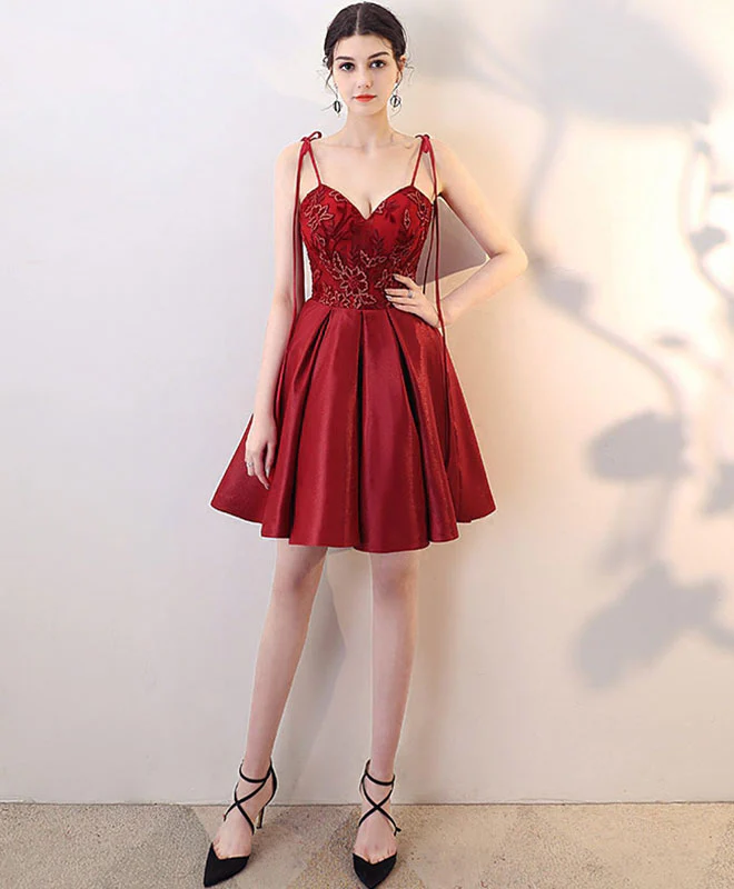 Burgundy V Neck Lace Short Prom Dress, Homecoming Dress - Deanwangkt