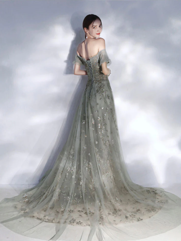 Gray Tulle Sequin Lace Long Prom Dress, Gray Tulle Formal Dress - Deanwangkt