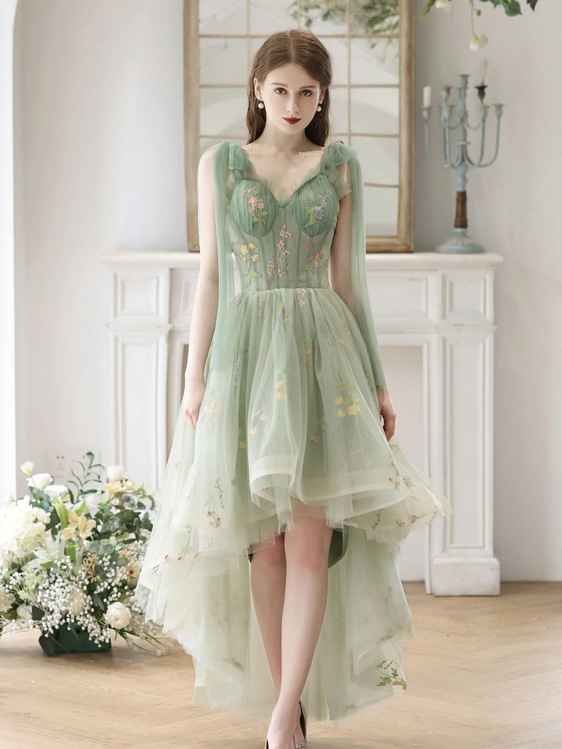 A-Line High Low Green Lace Short Prom Dress, Green Lace Homecoming Dress - Deanwangkt