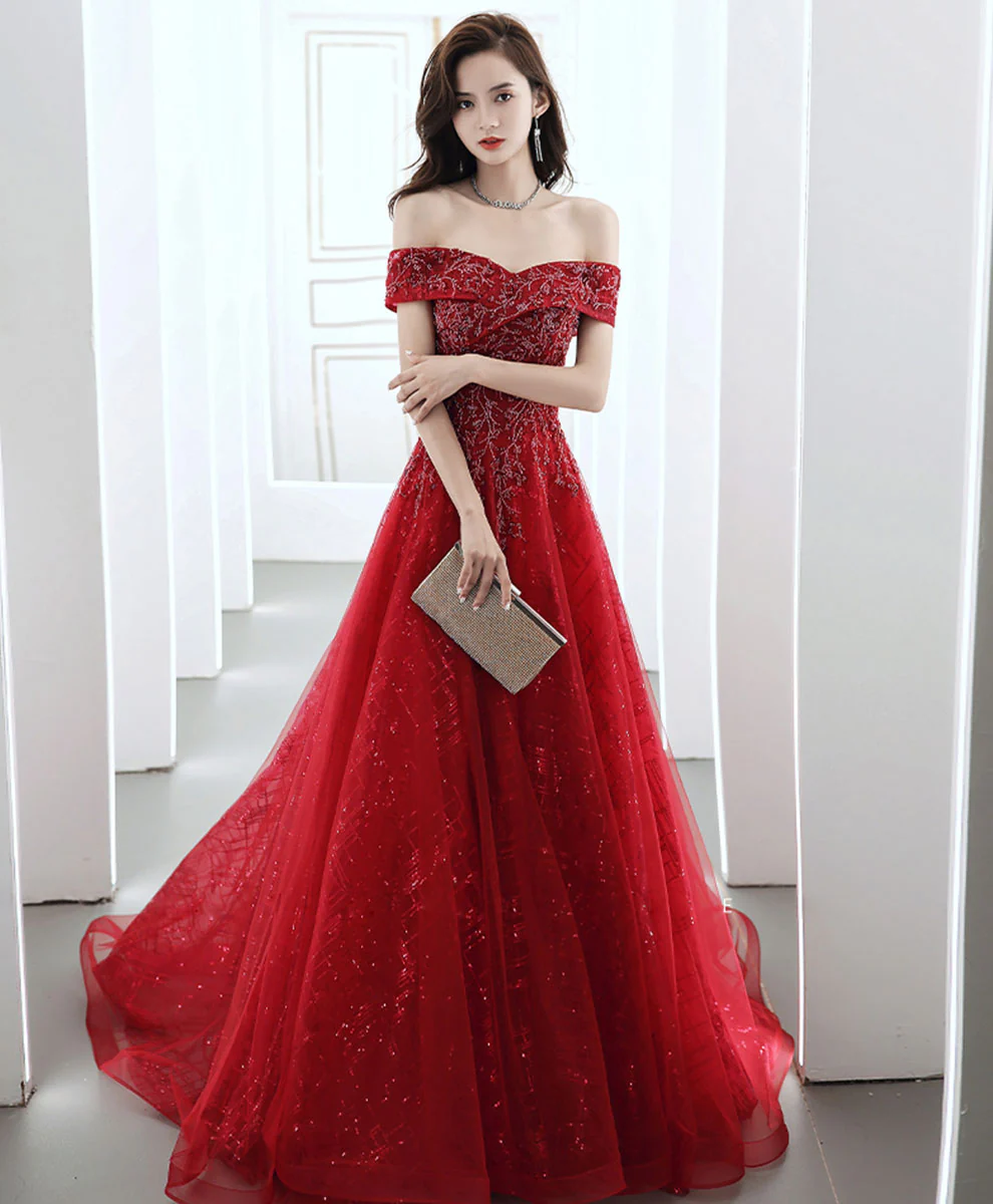 Burgundy Off Shoulder Tulle Lace Long Prom Dress, Burgundy Formal Party Dress - Deanwangkt