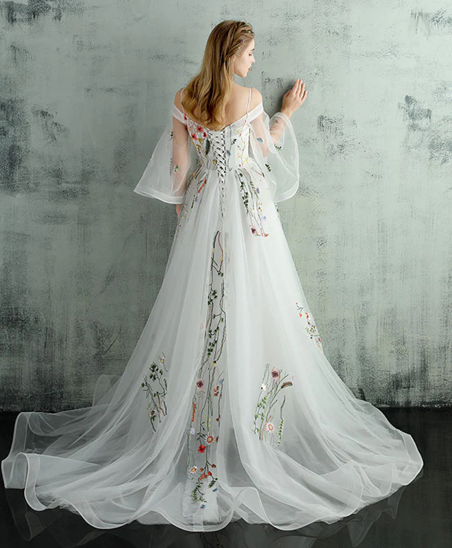 White V Neck Tulle Lace Long Prom Dress, Evening Dress - Deanwangkt