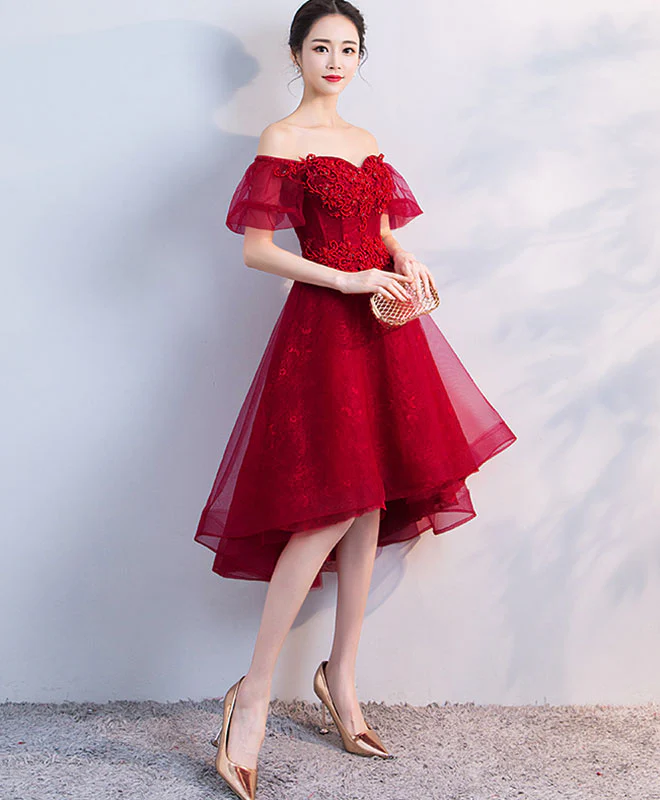 Burgundy Tulle Short Prom Dress, Homecoming Dress - Deanwangkt