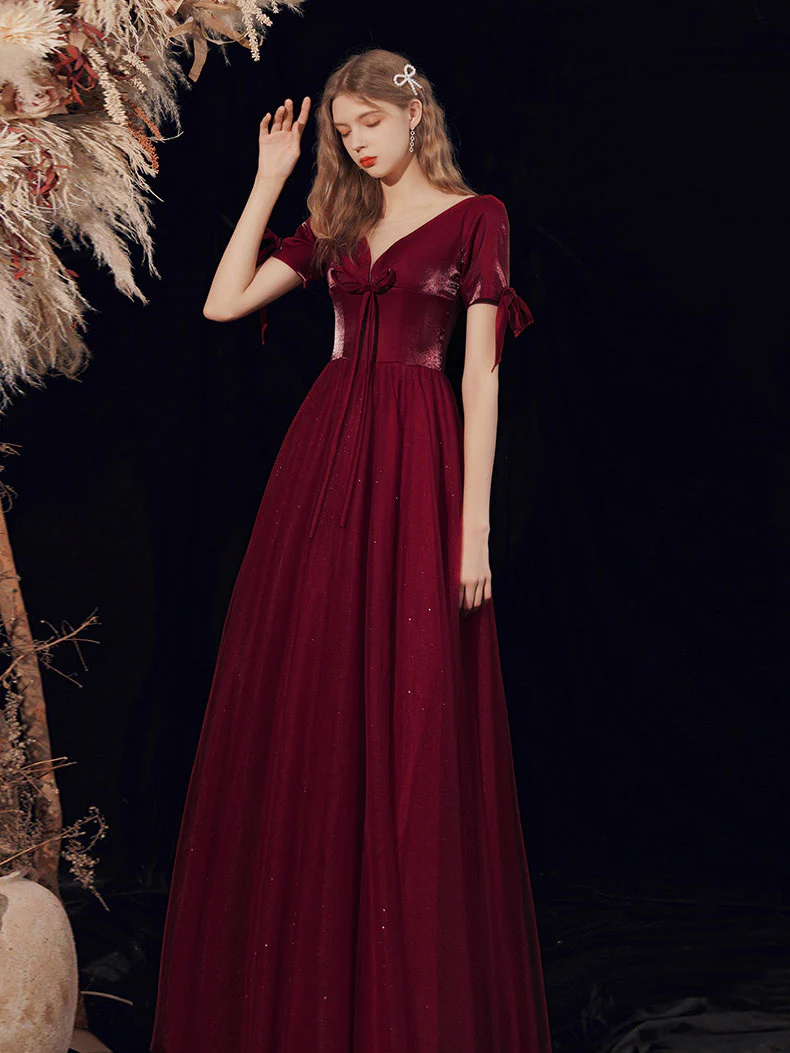 Burgundy A-line V Neck Tulle Long Prom Dress Burgundy Evening Dress - Deanwangkt