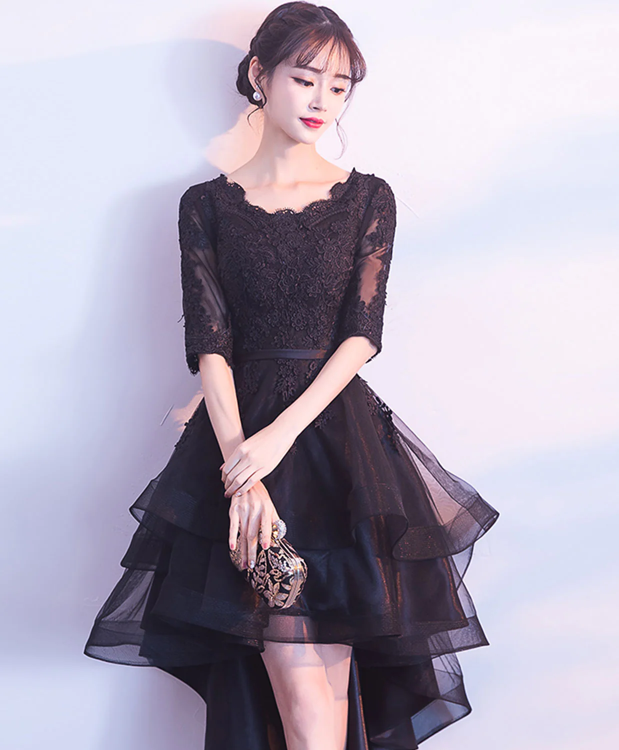 Cute Black Tulle Lace Short Prom Dress, Black Bridesmaid Dress - Deanwangkt