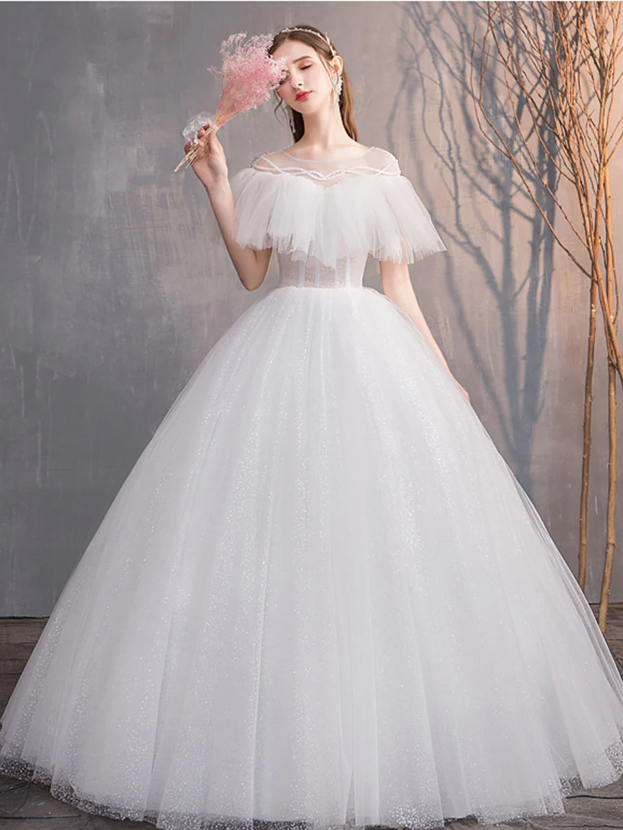 White Round Neck Tulle Long Wedding Dress, White Tulle Long Bridal Dress - Deanwangkt