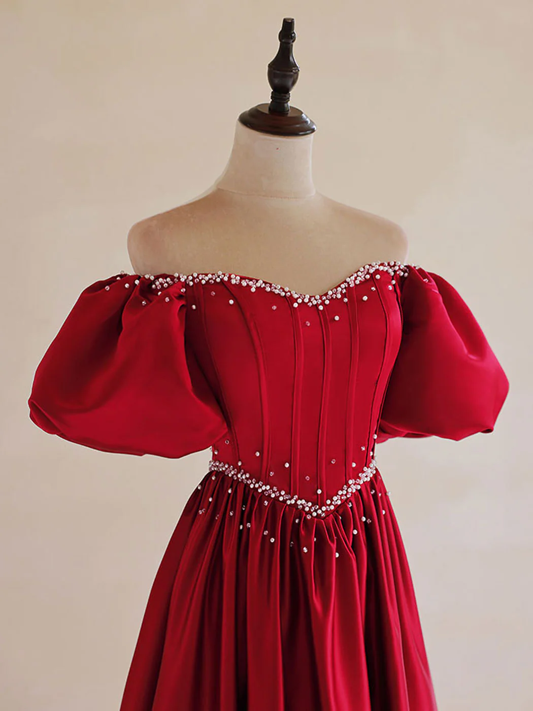 A-Line Burgundy Satin Puff Sleeves Long Prom Dress, Burgundy Formal Evening Dress - Deanwangkt