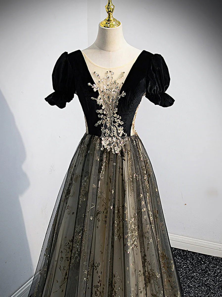 A line Velvet Tulle Lace Black Long Prom Dress, Black Formal Graduation Dresses - Deanwangkt