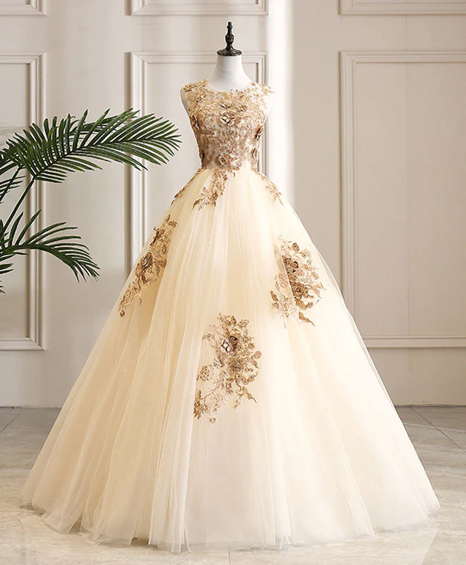 Champagne Tulle Lace Long Prom Dress Champagne Evening Dress - Deanwangkt