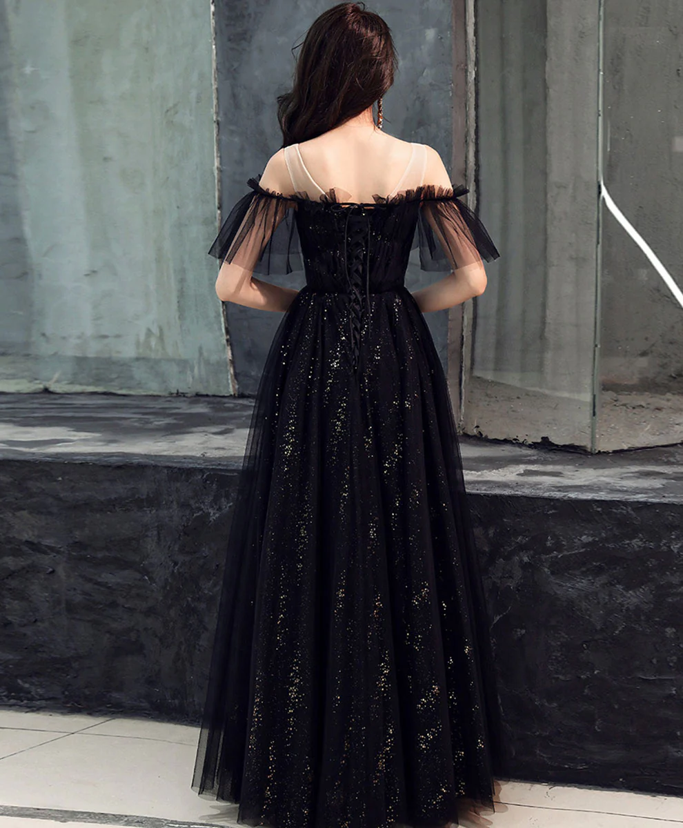 Black Tulle Off Shoulder Long Prom Dress Black Formal Dress - Deanwangkt