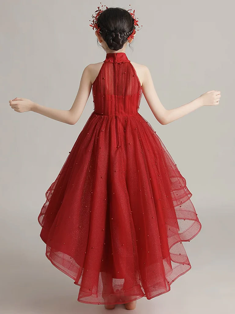 Burgundy Tulle High Low Short Flower Girl Dress with Lace Applique - Deanwangkt