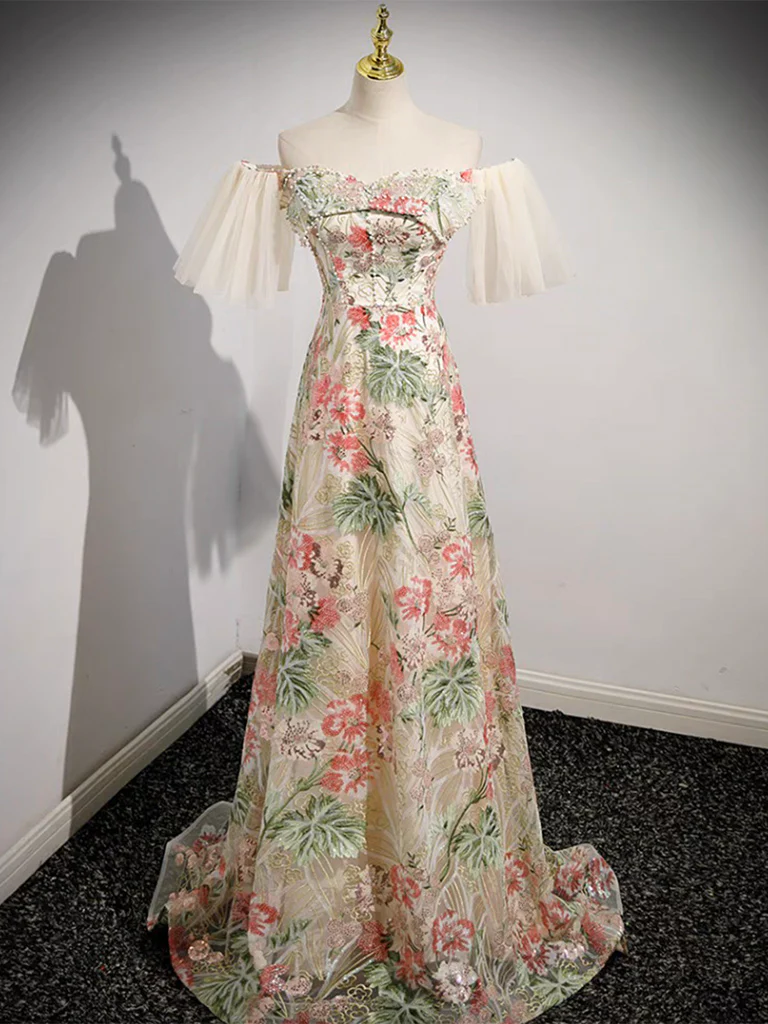 Champagne Lace Long Prom Dress, Champagne Lace Long Formal Dress - Deanwangkt