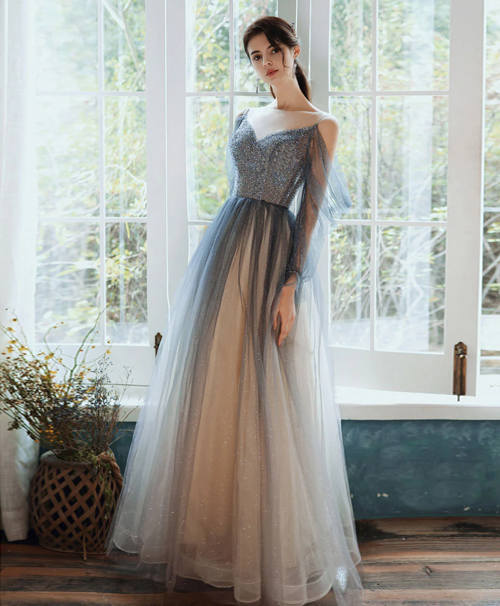 Blue Tulle Sequin Long Prom Dress Blue Tulle Formal Dress - Deanwangkt