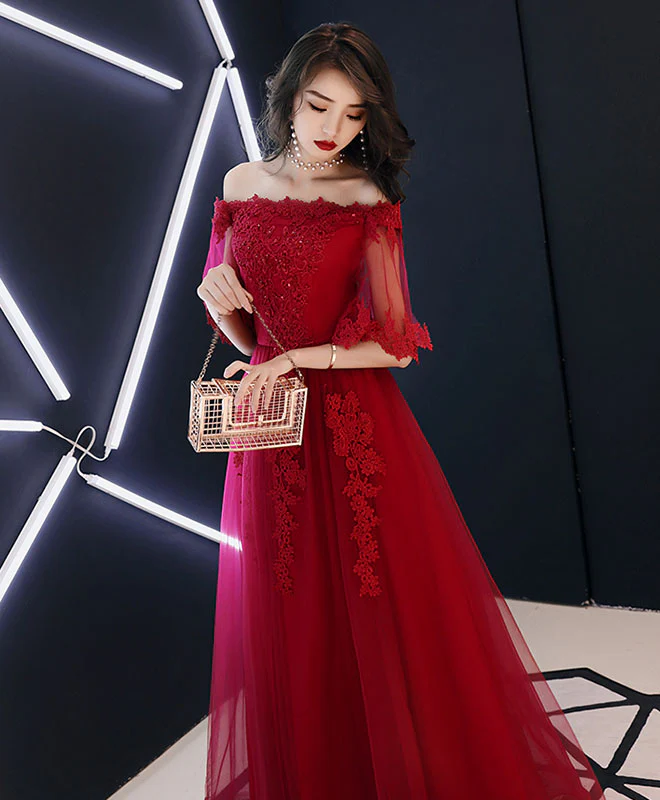 Simple Tulle Lace Long Burgundy Prom Dress, Burgundy Tulle Evening Dress - Deanwangkt