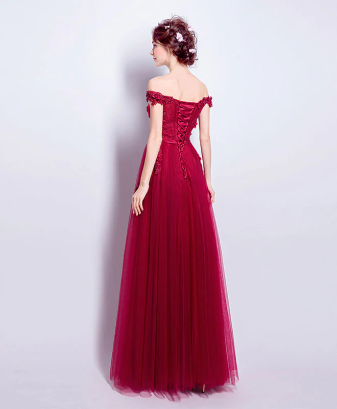 Burgundy Tulle Lace Applique Long Prom Dress, Burgundy Bridesmaid Dress - Deanwangkt