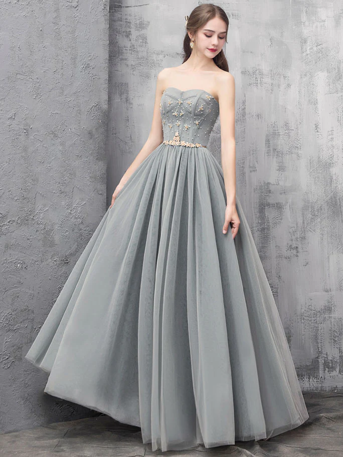 Gray A-line Tulle Long Prom Dress Gray A-line Formal Evening Dress - Deanwangkt