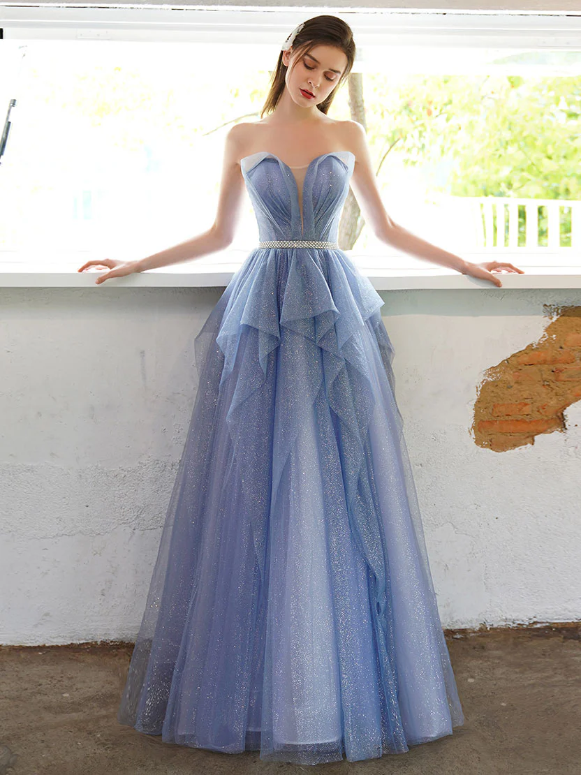 A-line Tulle Sequin Long Prom Dress, Tulle Sequin Long Evening Dress - Deanwangkt