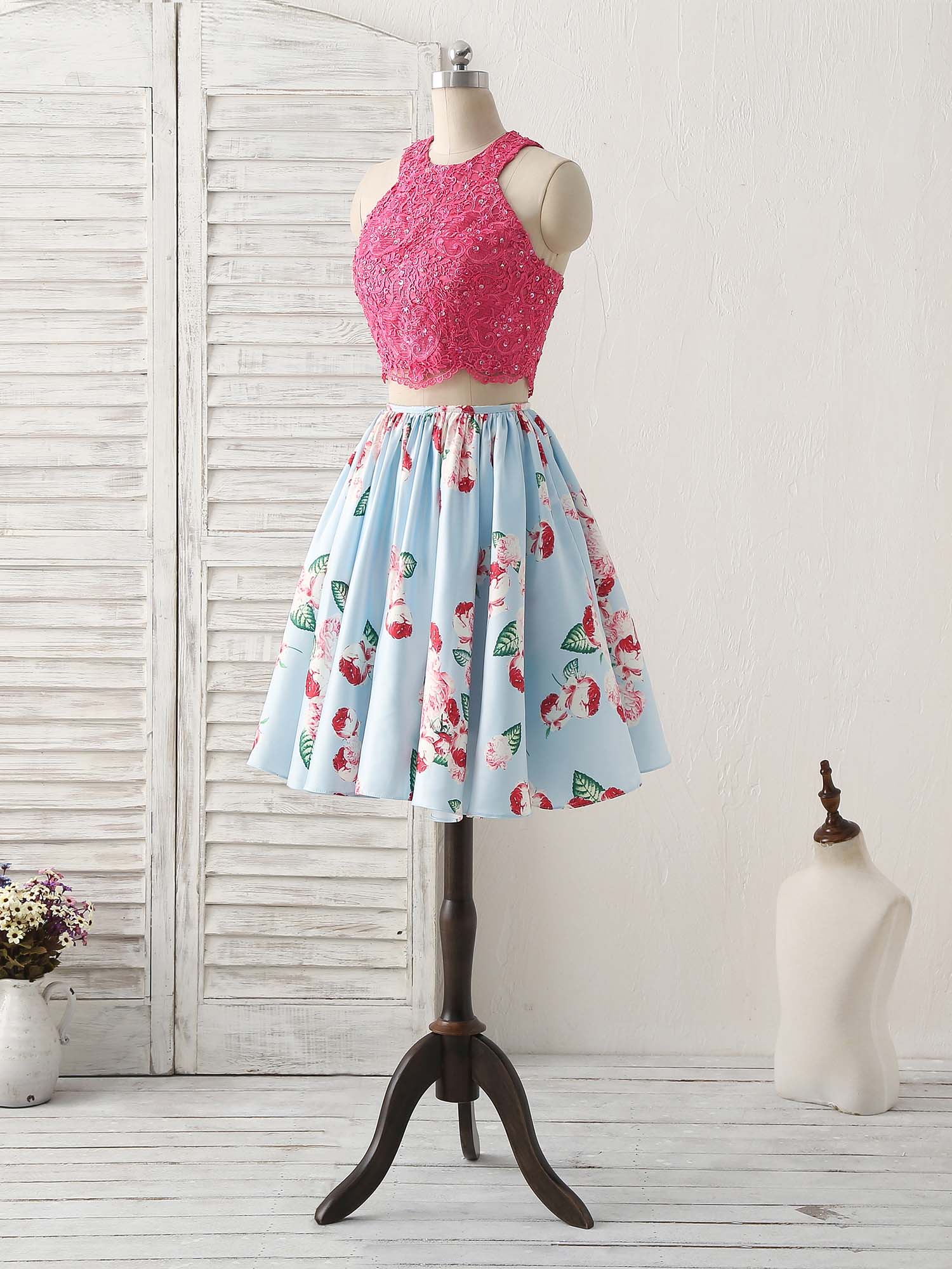 Cute Two Pieces Lace Satin Short Prom Dress Blue Homecoming Dress - Deanwangkt